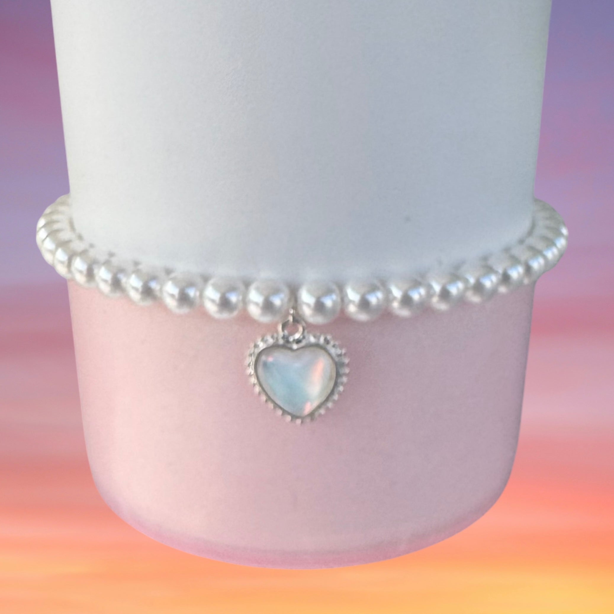 Single Tumbler Bracelet, White Pearls with White Heart Charm