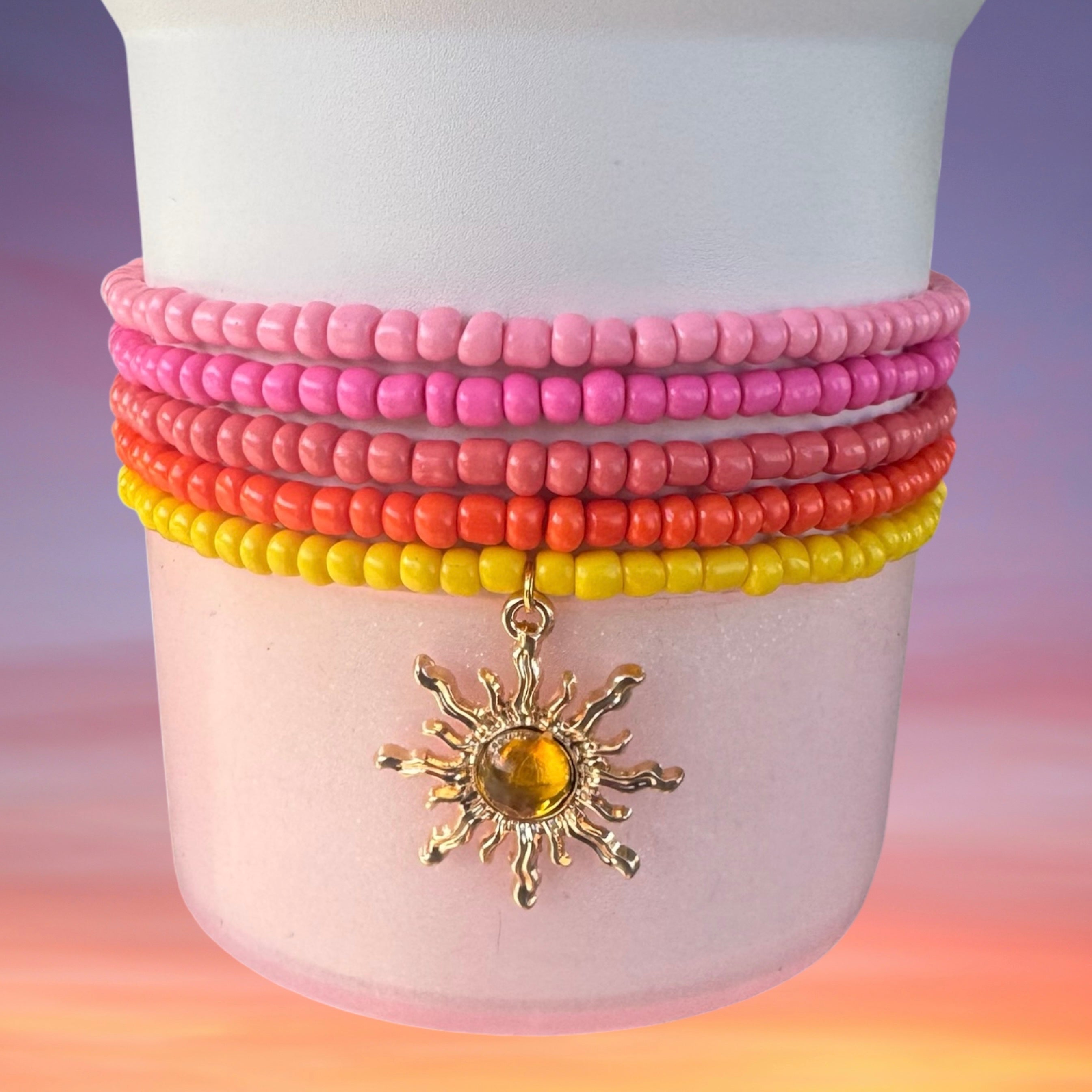 Tumbler Bracelet Stack, Sunset, with Yellow Sun Charm