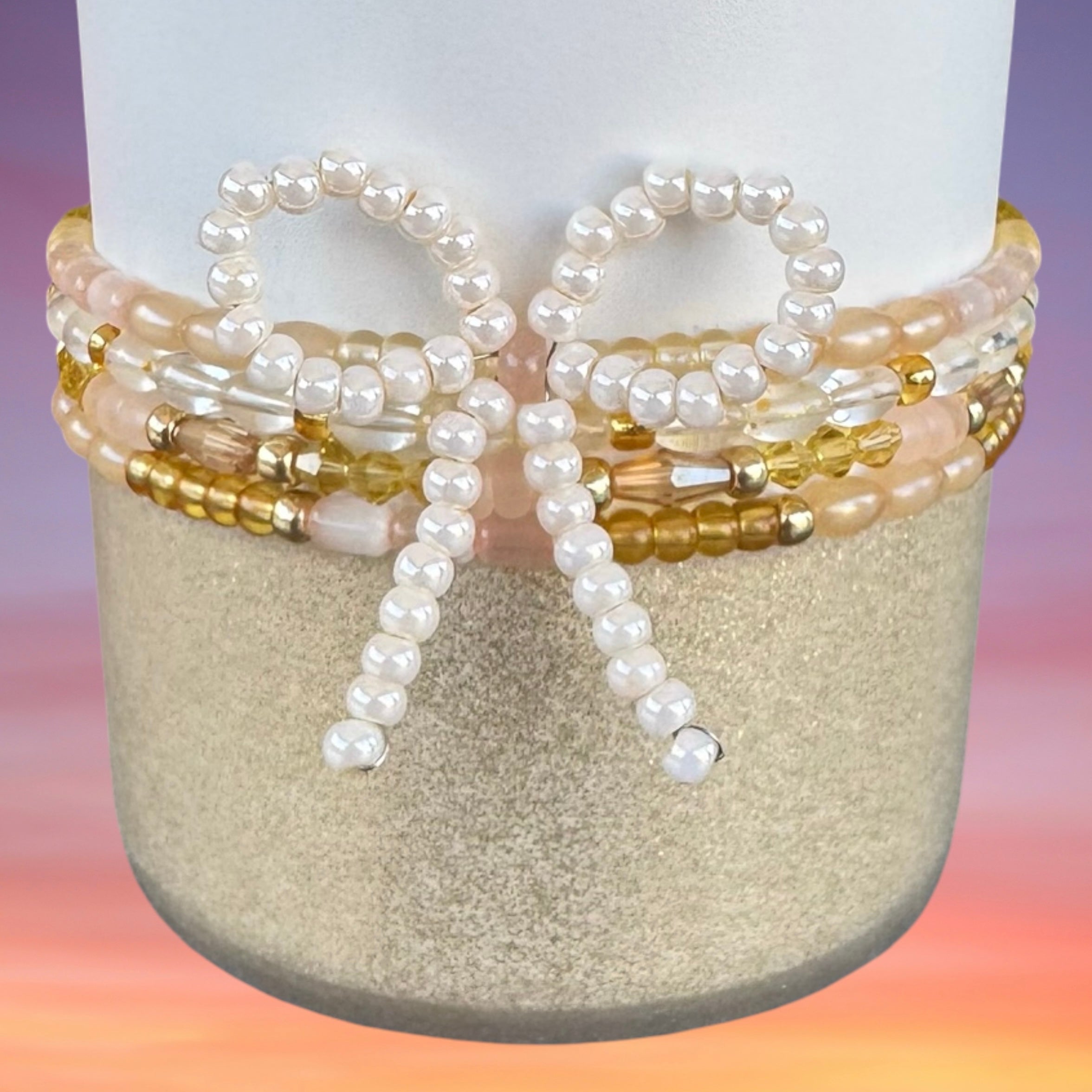 Tumbler Bracelet Stack, Champagne Almond, with Beaded Pearl Bow