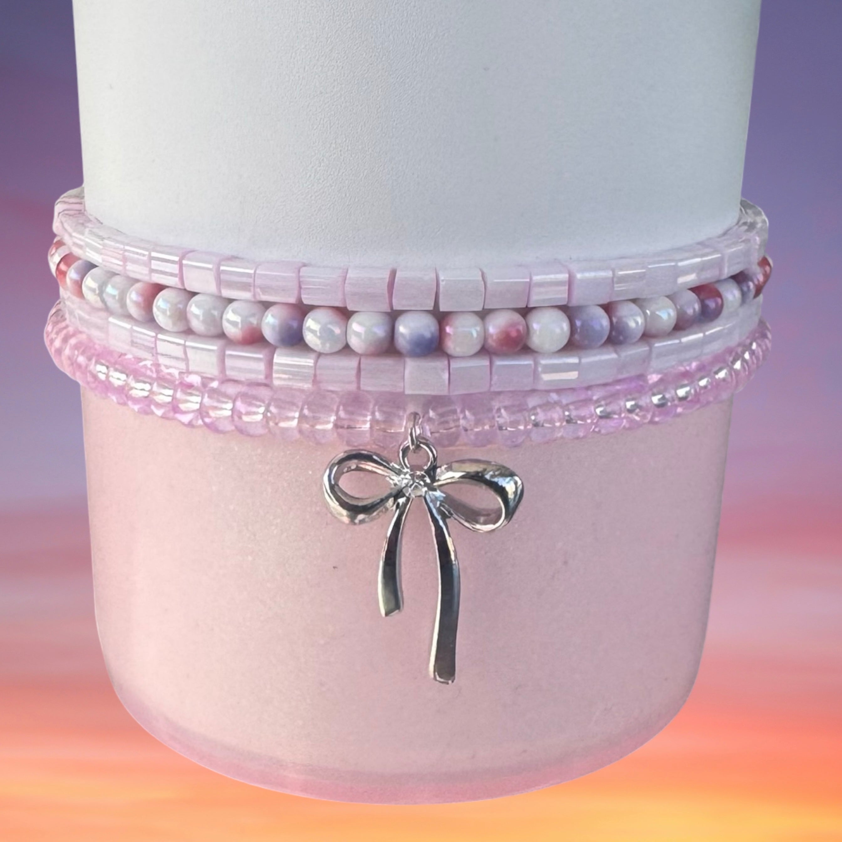 Tumbler Bracelet Stack, Light Pinks, with Silver Bow Charm