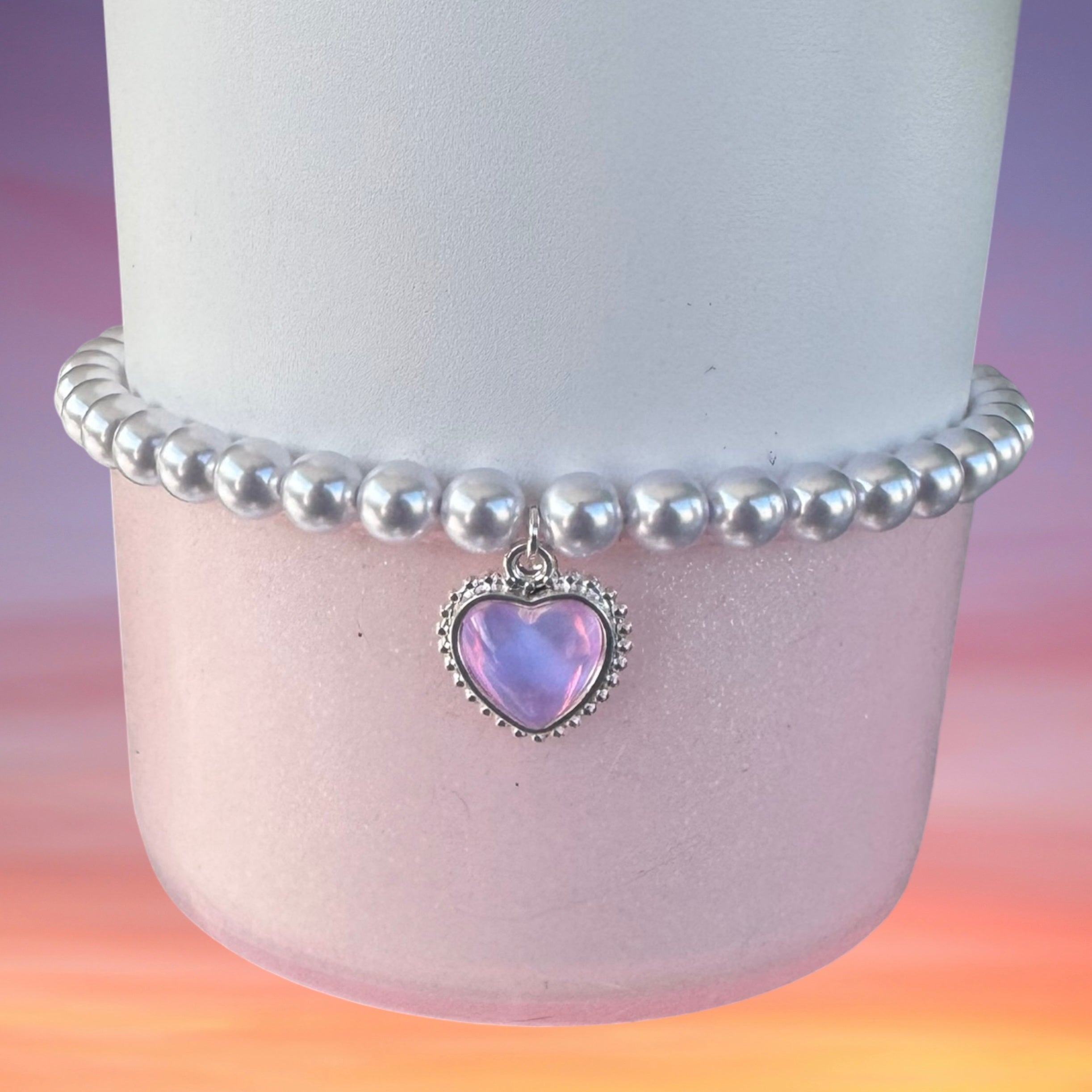 Single Tumbler Bracelet, Purple Pearls with Purple Heart Charm