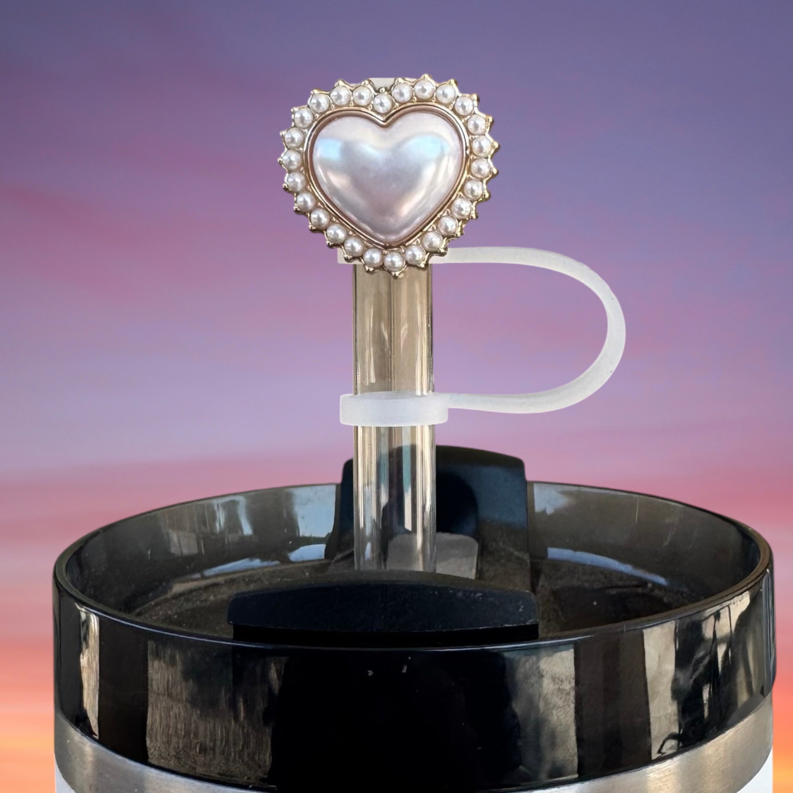 Straw Topper, Heart Pearl Rhinestone