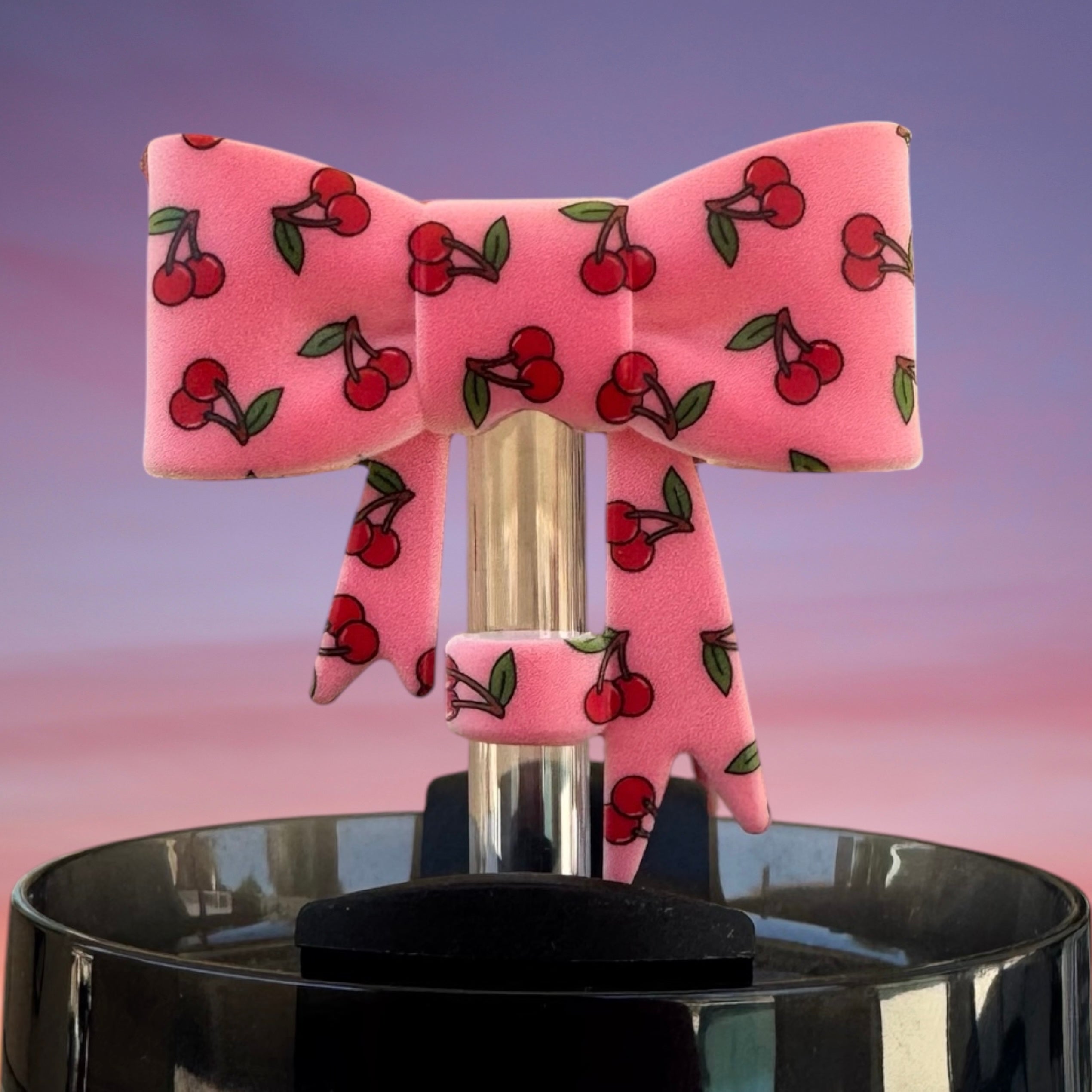 Big Bow Straw Topper - Cherries on Pink