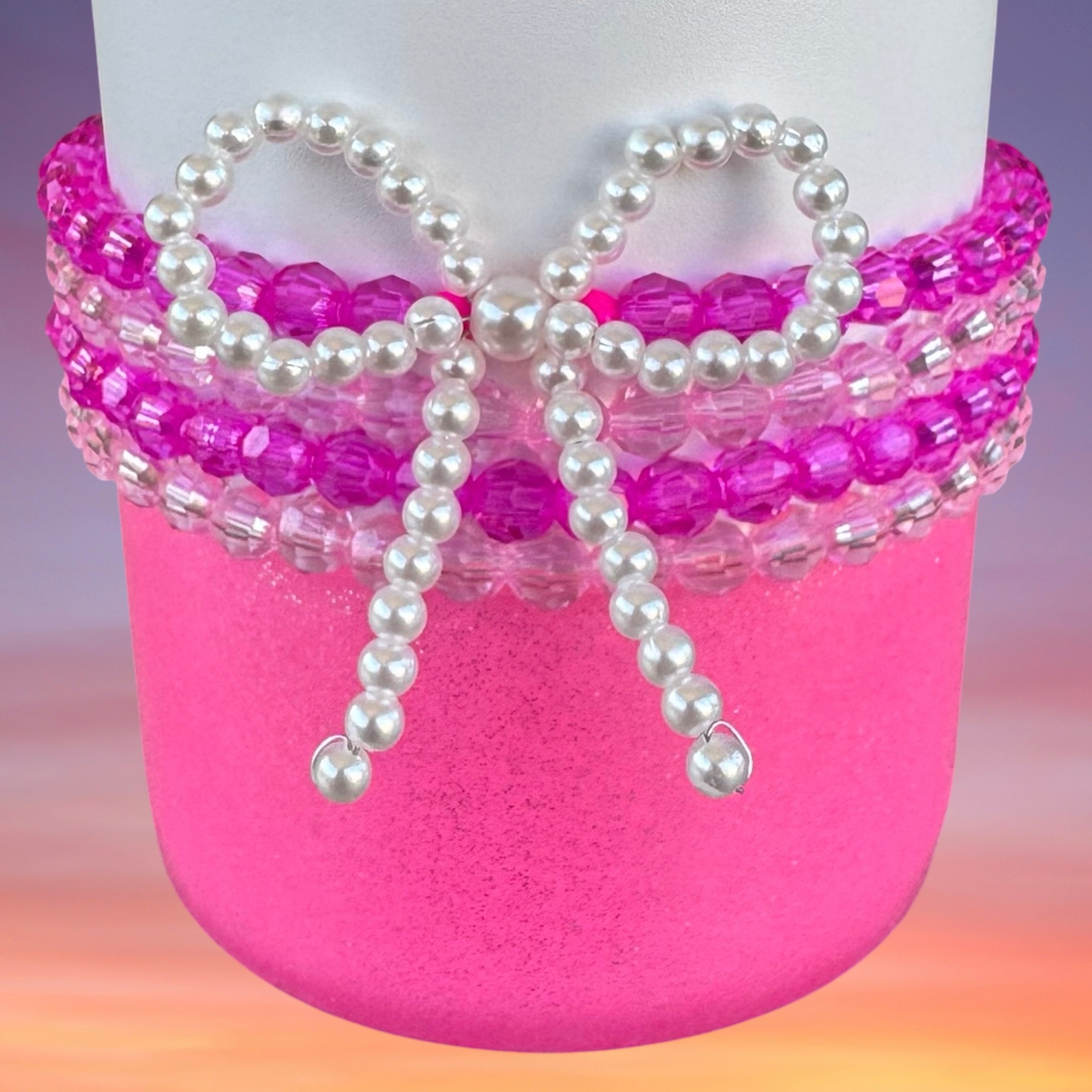 Tumbler Bracelet Stack, Pinks, with Beaded Pearl Bow