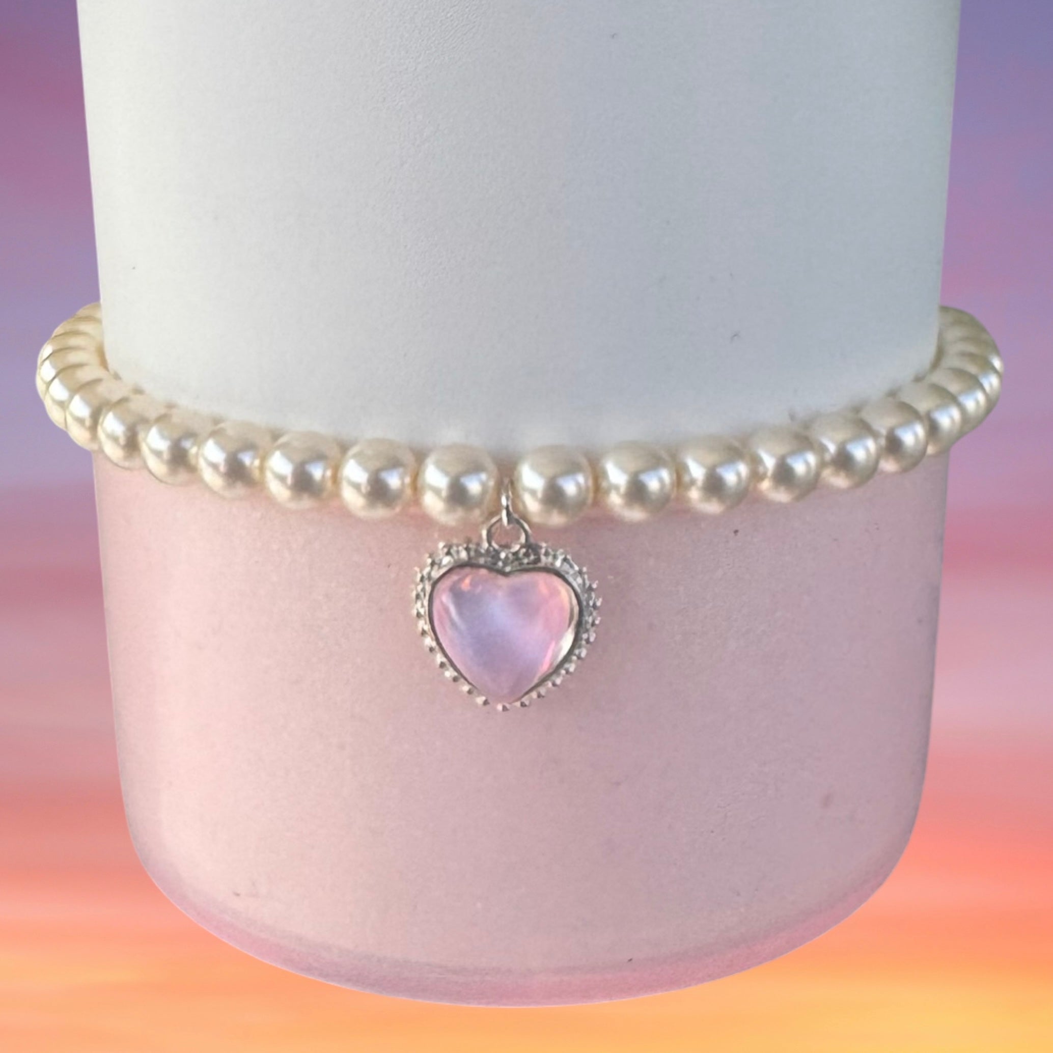 Single Tumbler Bracelet, Champagne Pearls with Pink Heart Charm