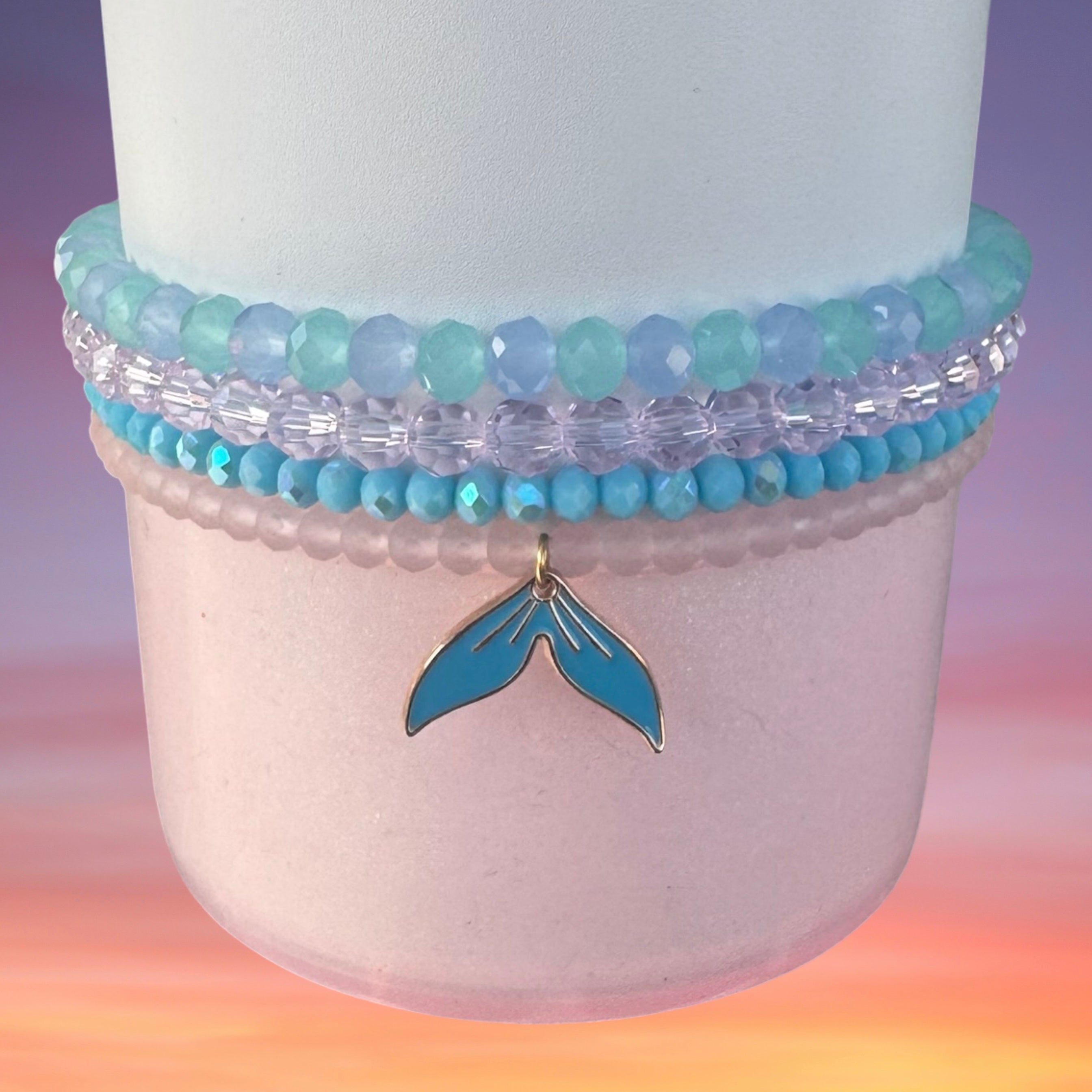 Tumbler Bracelet Stack, Blue and Pink Ocean, with Mermaid Tail Charm