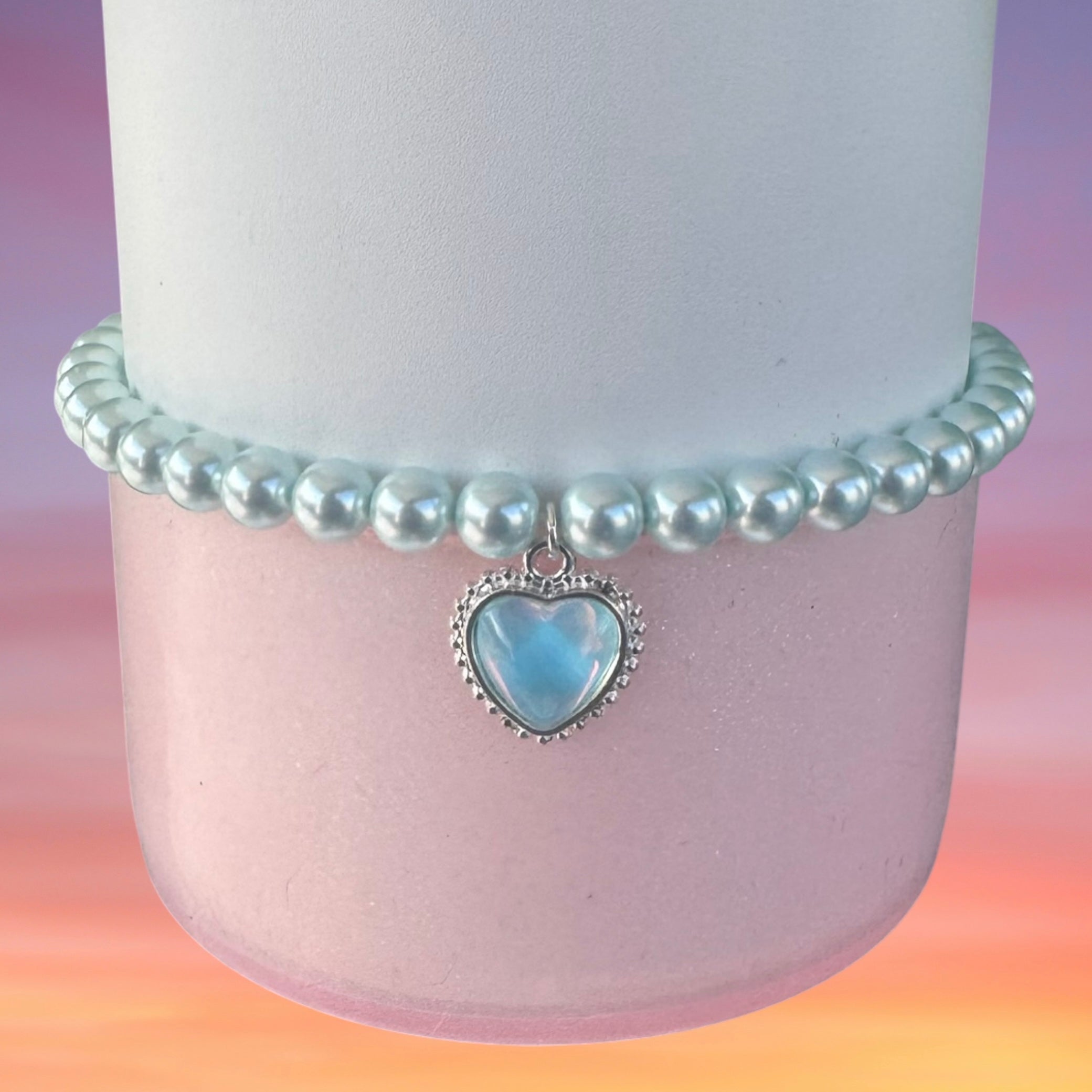 Single Tumbler Bracelet, Light Blue Pearls with Blue Heart Charm