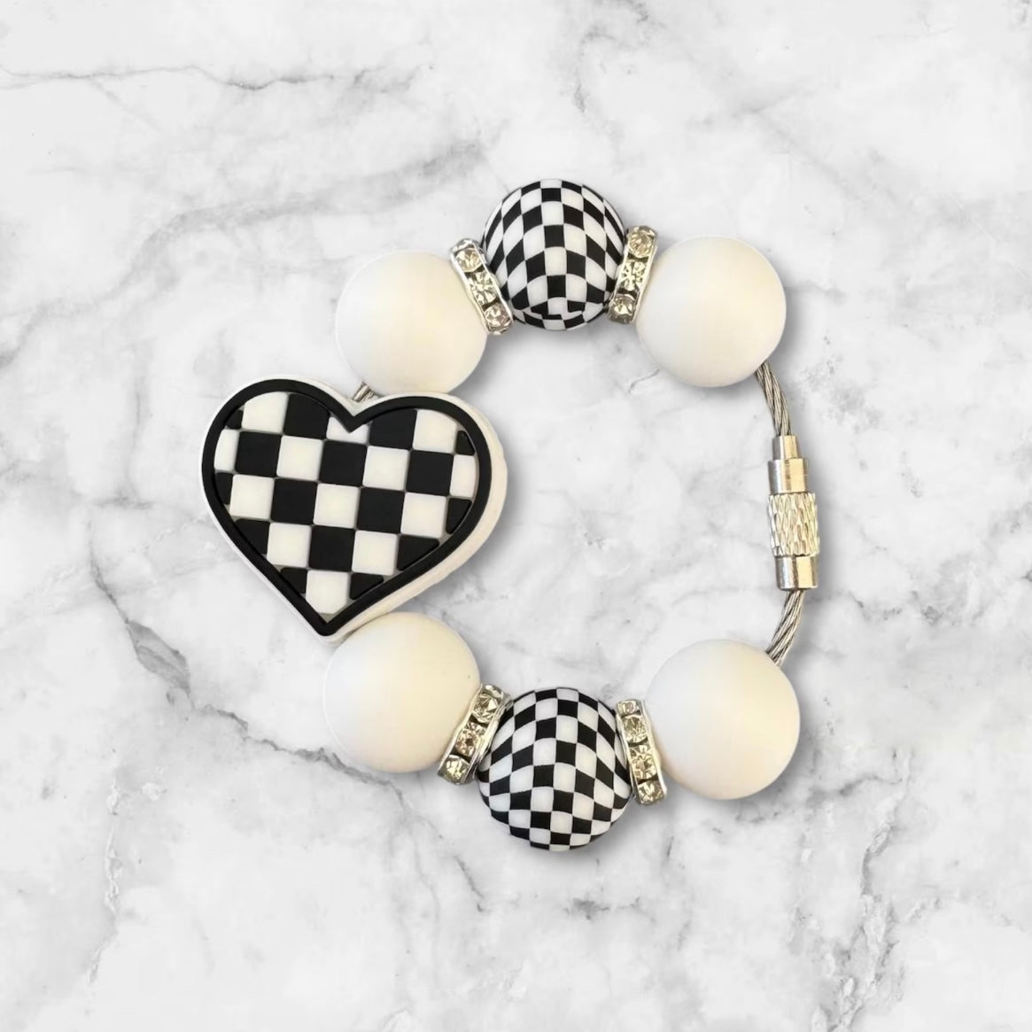 Handle Charm, Checker Heart with White and Checker Beads
