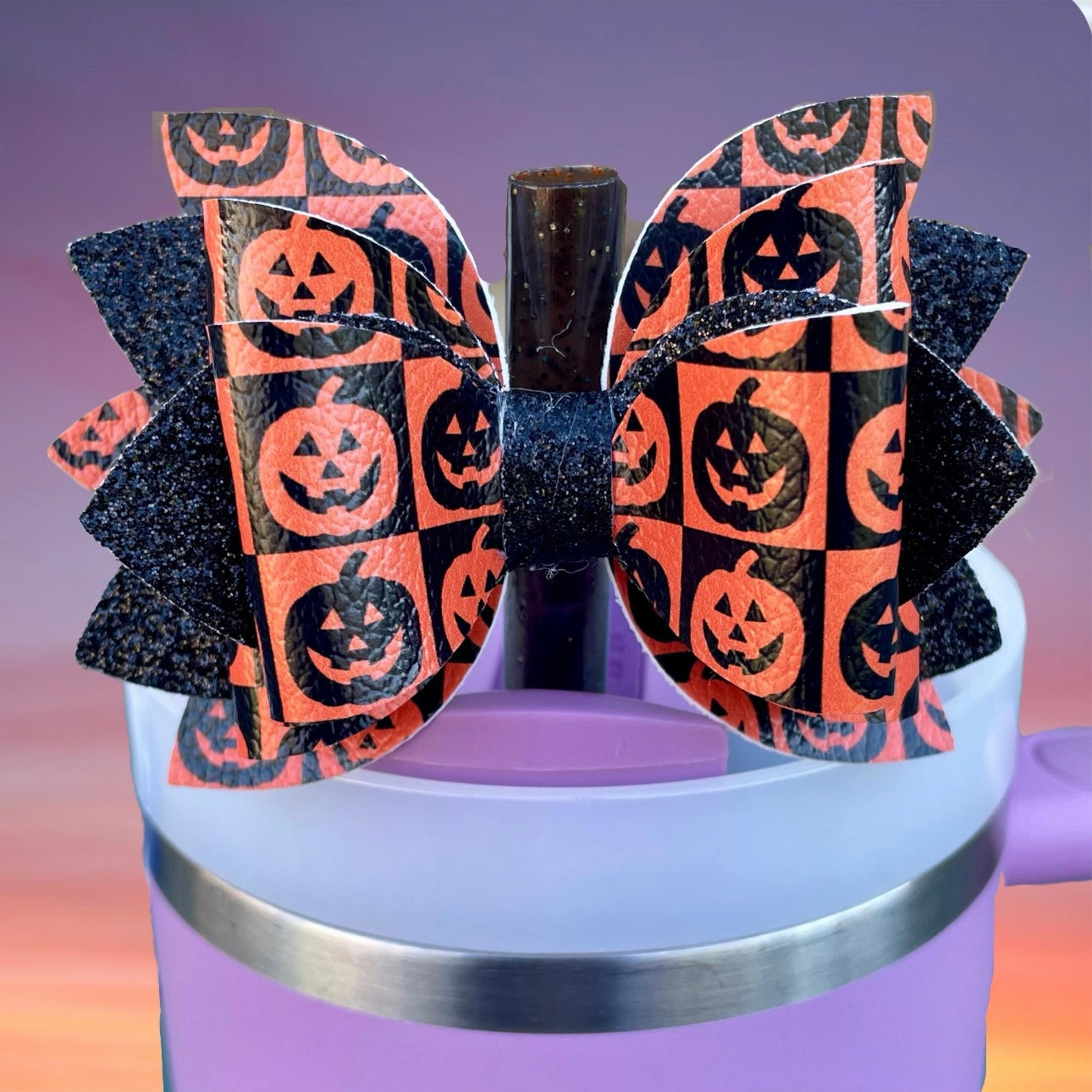 Leather Bow, Halloween Pumpkins, Black and Orange