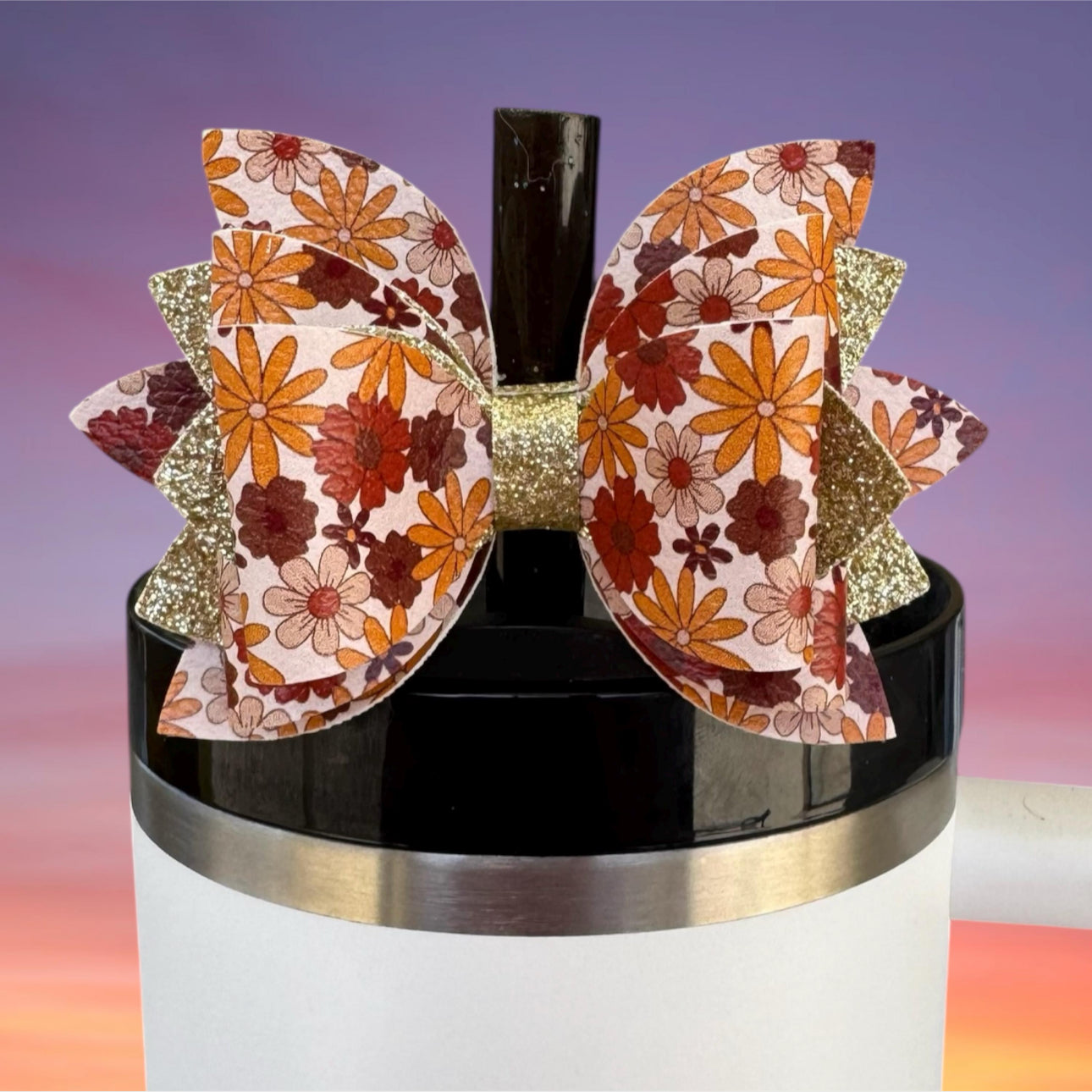 Leather Bow, Autumn Floral and Gold Glitter