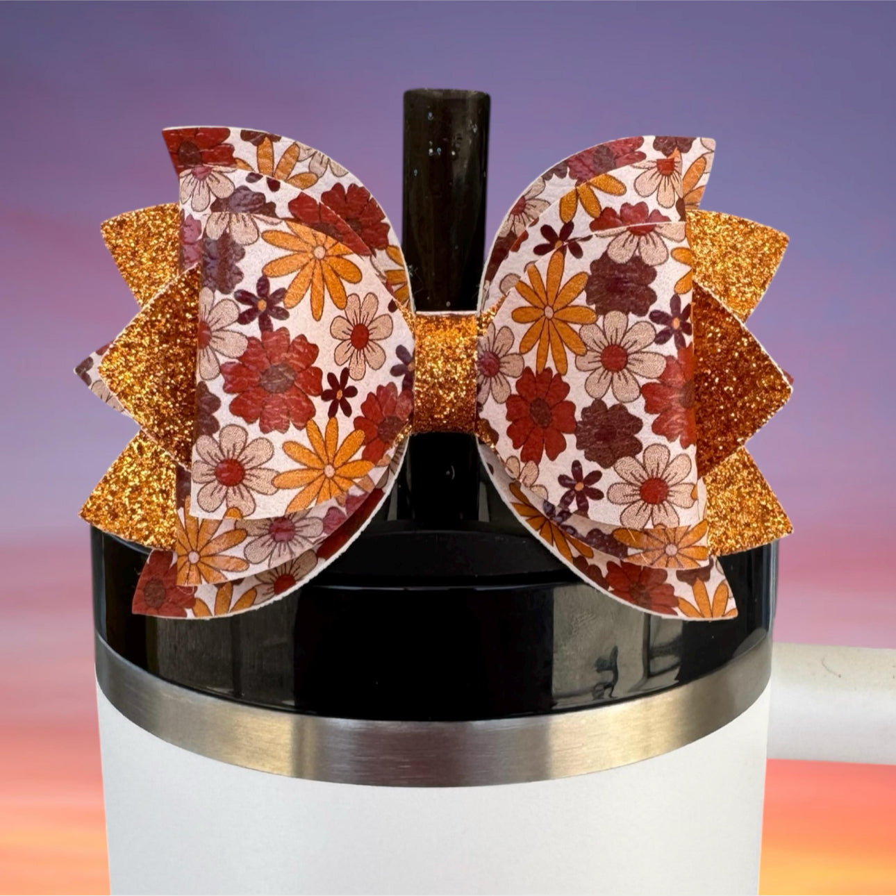 Leather Bow, Autumn Floral and Orange Glitter