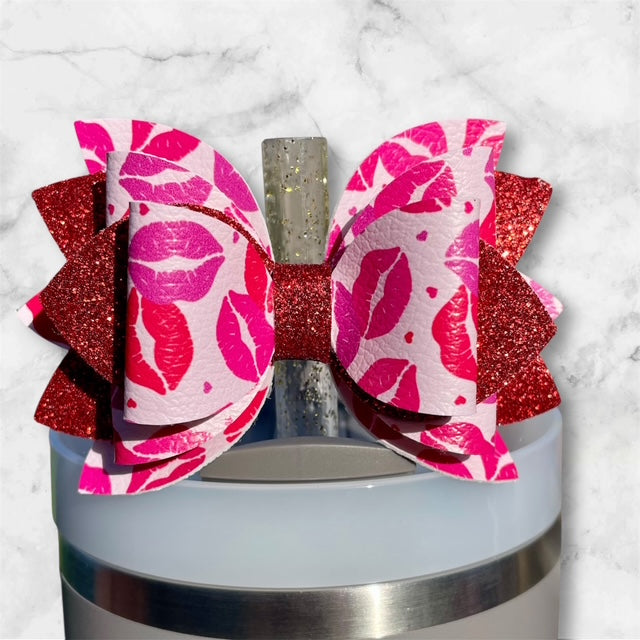 Leather Bow, Valentines Day, Pink and Red Lips with Red Glitter