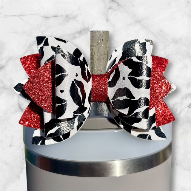 Leather Bow, Valentines Day, Black and White Lips with Red Glitter