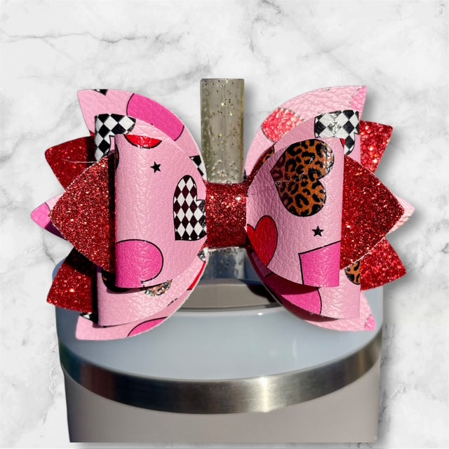 Leather Bow, Valentines Day, Retro Hearts with Red Glitter