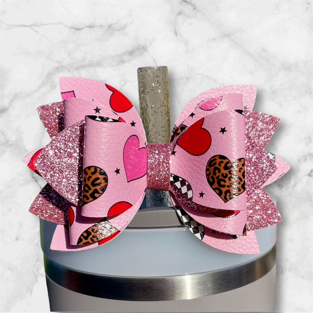 Leather Bow, Valentines Day, Retro Hearts with Light Pink Glitter