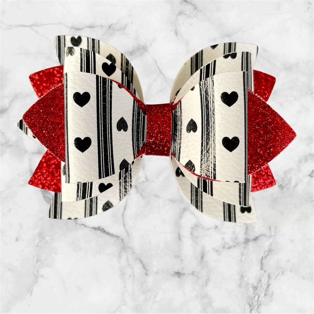 Leather Bow, Valentines Day, Black and White Hearts and Stripes