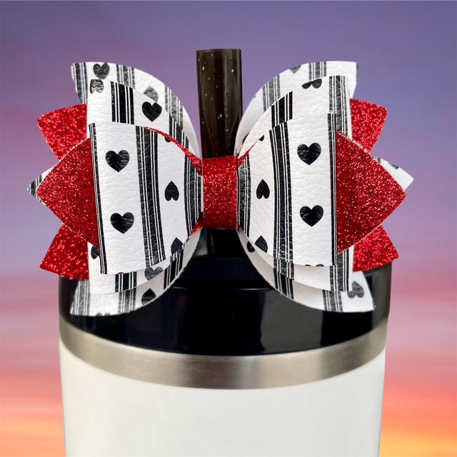 Leather Bow, Valentines Day, Black and White Hearts and Stripes