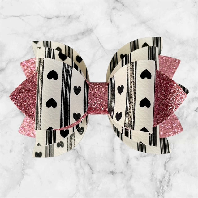 Leather Bow, Valentines Day, Black and White Hearts and Stripes