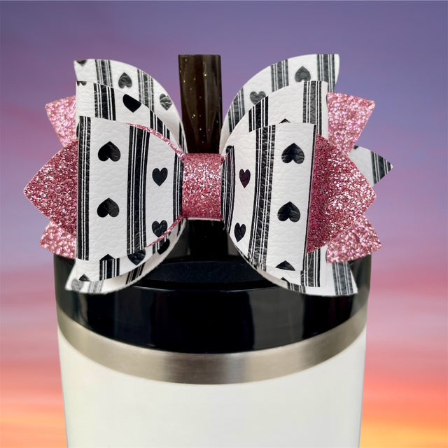 Leather Bow, Valentines Day, Black and White Hearts and Stripes