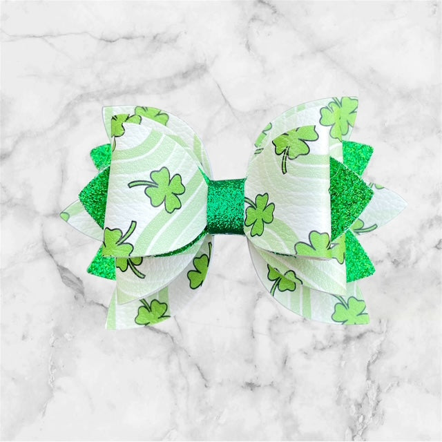 Leather Bow, St. Patty's Day, Green Four Leaf Clover