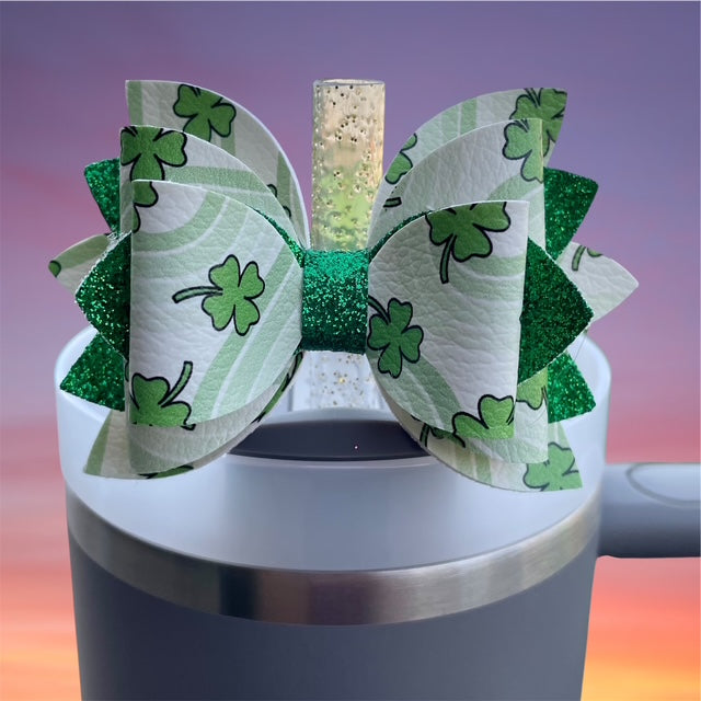 Leather Bow, St. Patty's Day, Green Four Leaf Clover