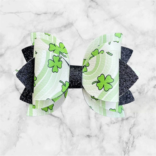 Leather Bow, St. Patty's Day, Green Four Leaf Clover with Black