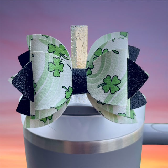 Leather Bow, St. Patty's Day, Green Four Leaf Clover with Black