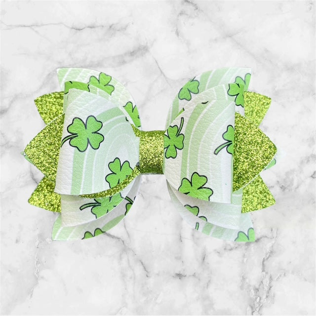 Leather Bow, St. Patty's Day, Green Four Leaf Clover with Lime Green
