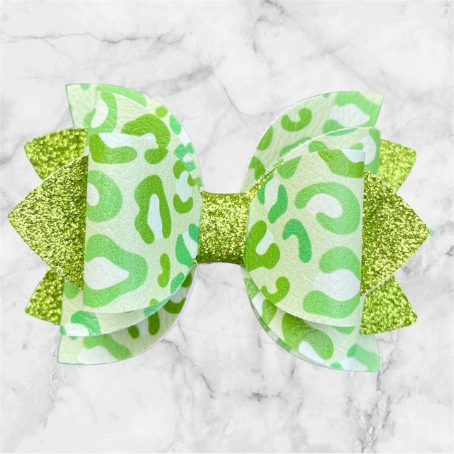 Leather Bow, St. Patty's Day, Green Leopard Print