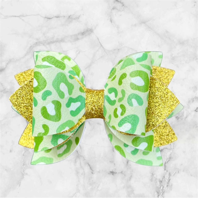Leather Bow, St. Patty's Day, Green Leopard Print