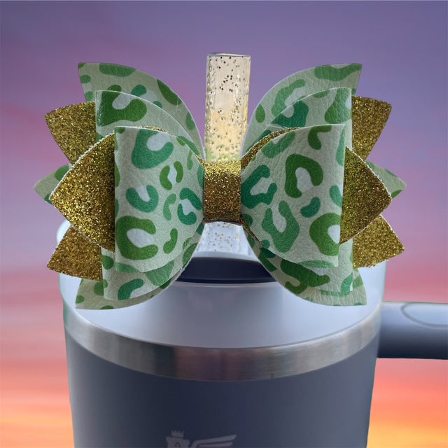 Leather Bow, St. Patty's Day, Green Leopard Print