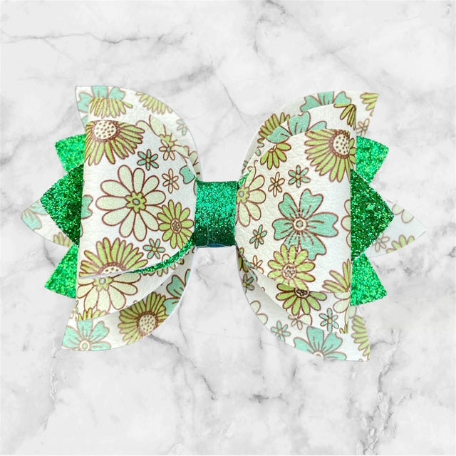 Leather Bow, St. Patty's Day, Green Floral