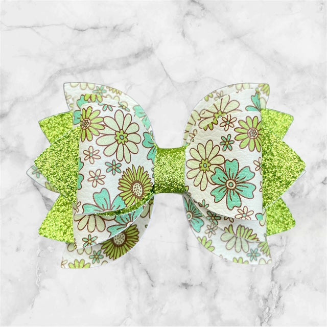 Leather Bow, St. Patty's Day, Green Floral with Lime Green