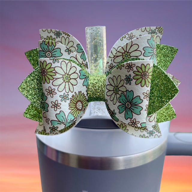 Leather Bow, St. Patty's Day, Green Floral with Lime Green