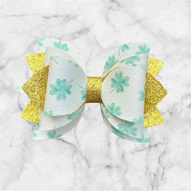 Leather Bow, St. Patty's Day, Green Four Leaf Clover with Gold