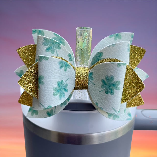 Leather Bow, St. Patty's Day, Green Four Leaf Clover with Gold