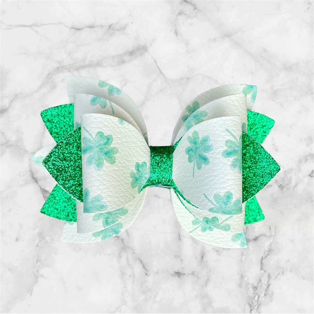 Leather Bow, St. Patty's Day, Green Four Leaf Clover with Green Glitter