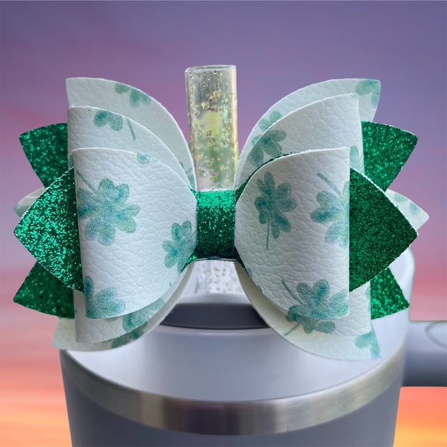 Leather Bow, St. Patty's Day, Green Four Leaf Clover with Green Glitter