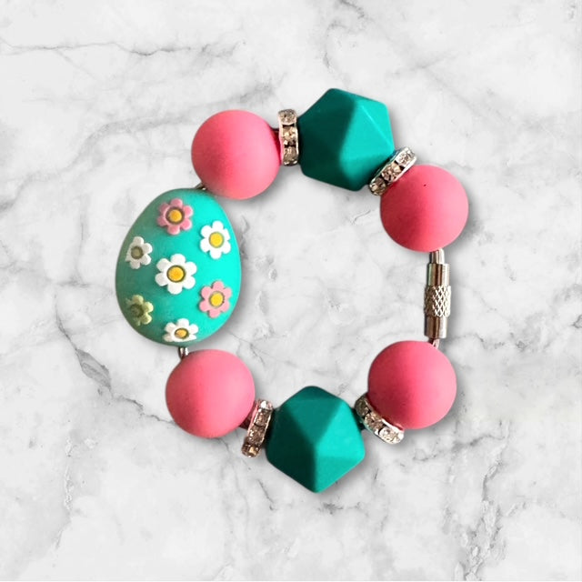 Handle Charm, Easter Egg, Teal Floral Easter Egg