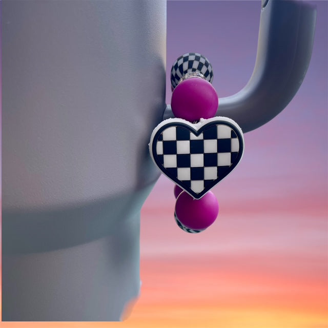 Handle Charm, Checker Heart with Pinkish-Purple and Checker Beads