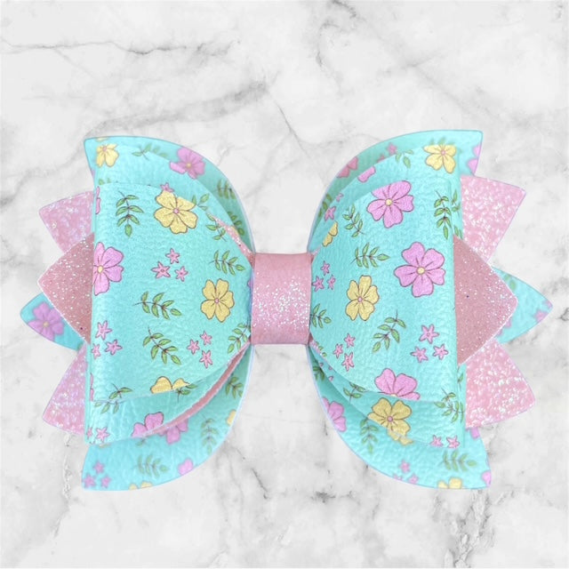 Leather Bow, Spring Blossom, Light Pink Glitter