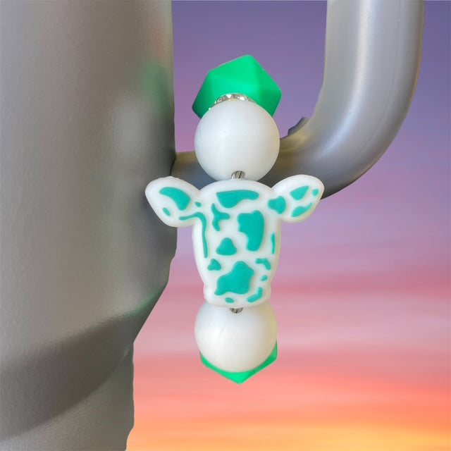 Handle Charm, Cow Head Focal, Teal and White Cow Print