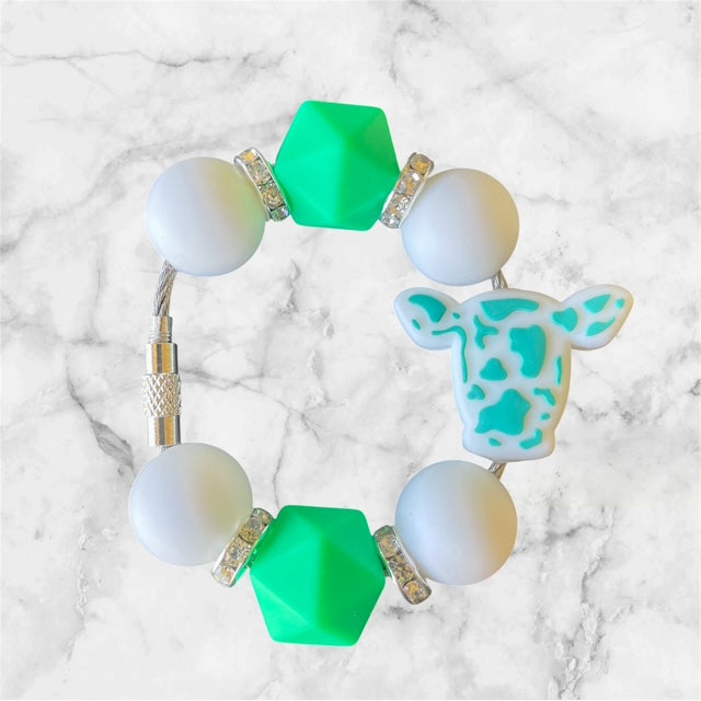 Handle Charm, Cow Head Focal, Teal and White Cow Print
