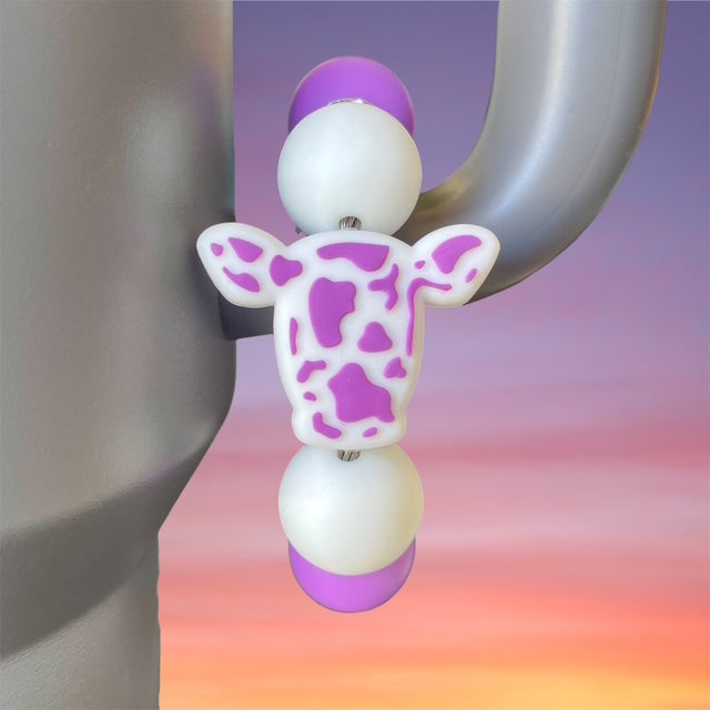 Handle Charm, Cow Head Focal, Purple and White Cow Print