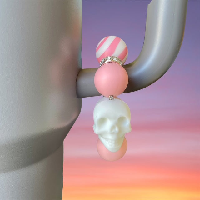 Handle Charm, White Skull Focal with Pink Beads