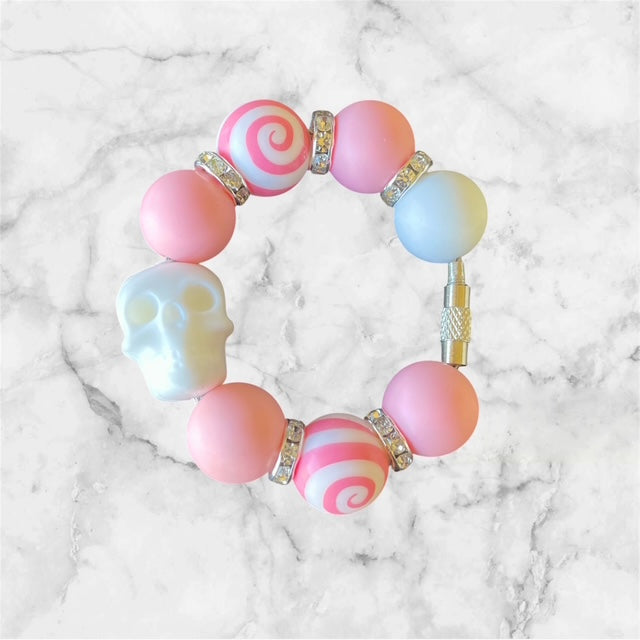 Handle Charm, White Skull Focal with Pink Beads