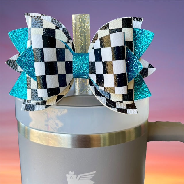 Leather Bow, Black and White Checkers and Teal Blue Glitter