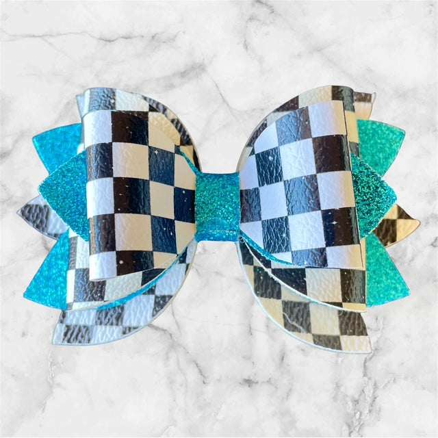 Leather Bow, Black and White Checkers and Teal Blue Glitter
