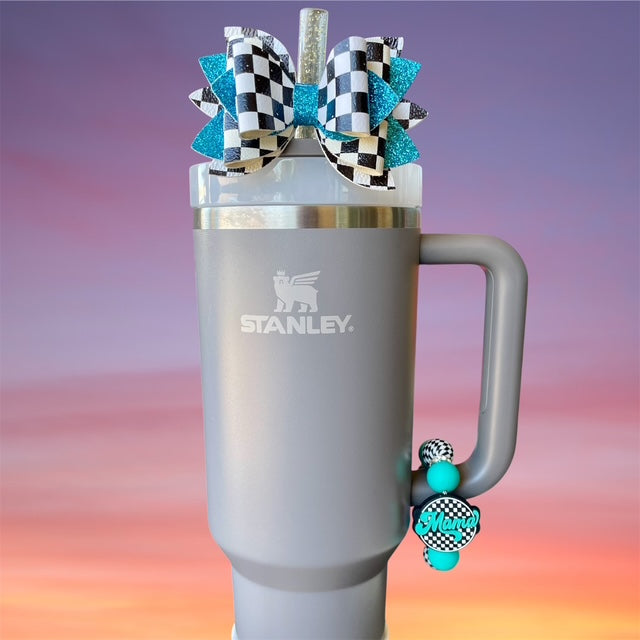 Leather Bow, Black and White Checkers and Teal Blue Glitter