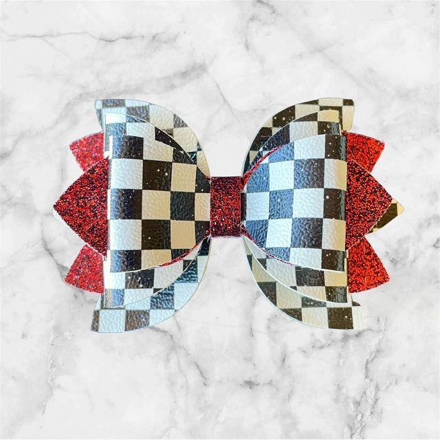 Leather Bow, Black and White Checkers and Dark Red Glitter